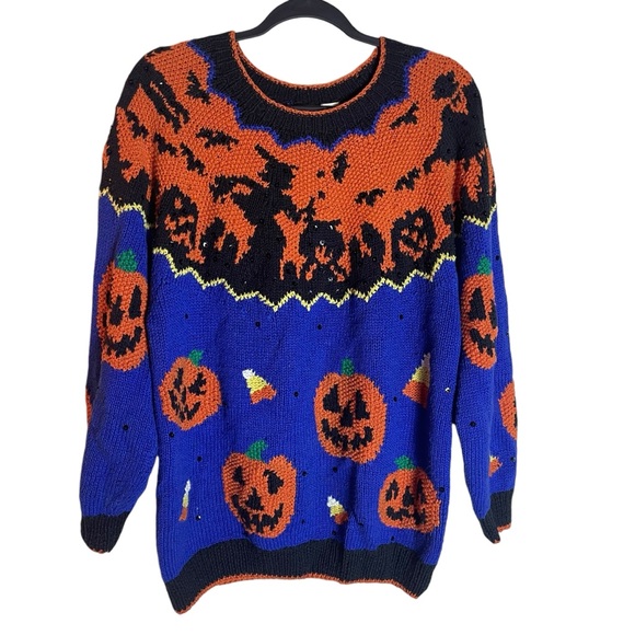 Belle Pointe Sweaters - Vintage Belle Pointe Halloween Sweater Blue Orange Sequins Puff Sleeve Medium